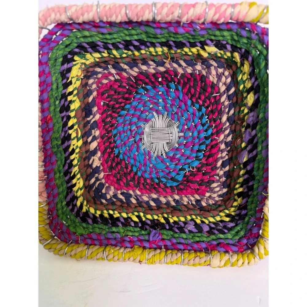 Handmade Multi Color Woven Fabric Wire Square Basket with Handles Boho Folk Art